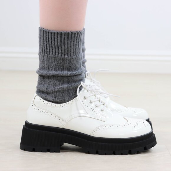 White Patent Brogue Loafers  Chunky Black Lug Sole Oxfords - Picture 3 of 16